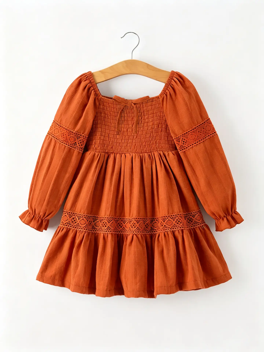 Rust Lace Trim Ruffle Dress