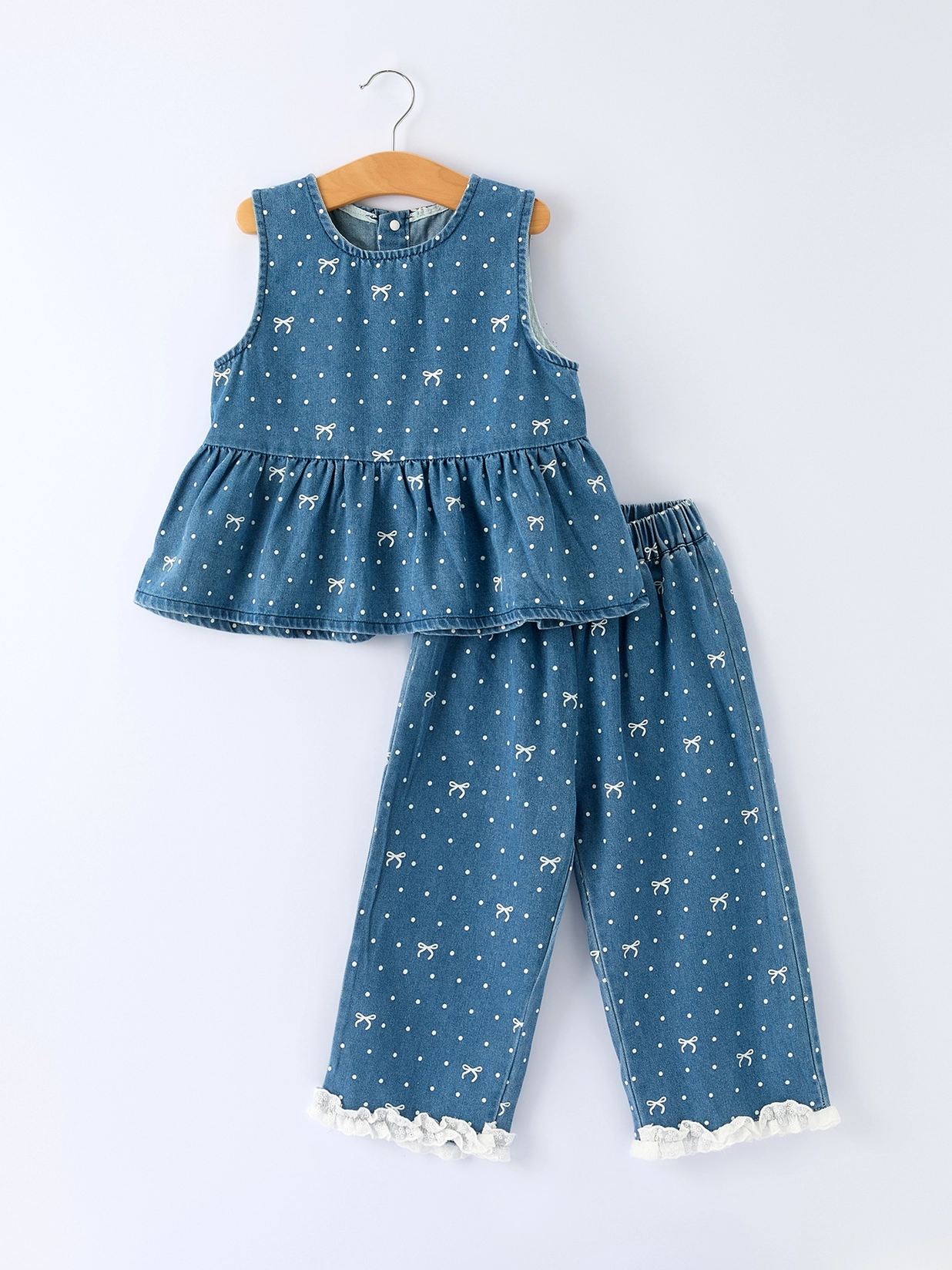 Bow Fot Denim Ruffle Top and Pants